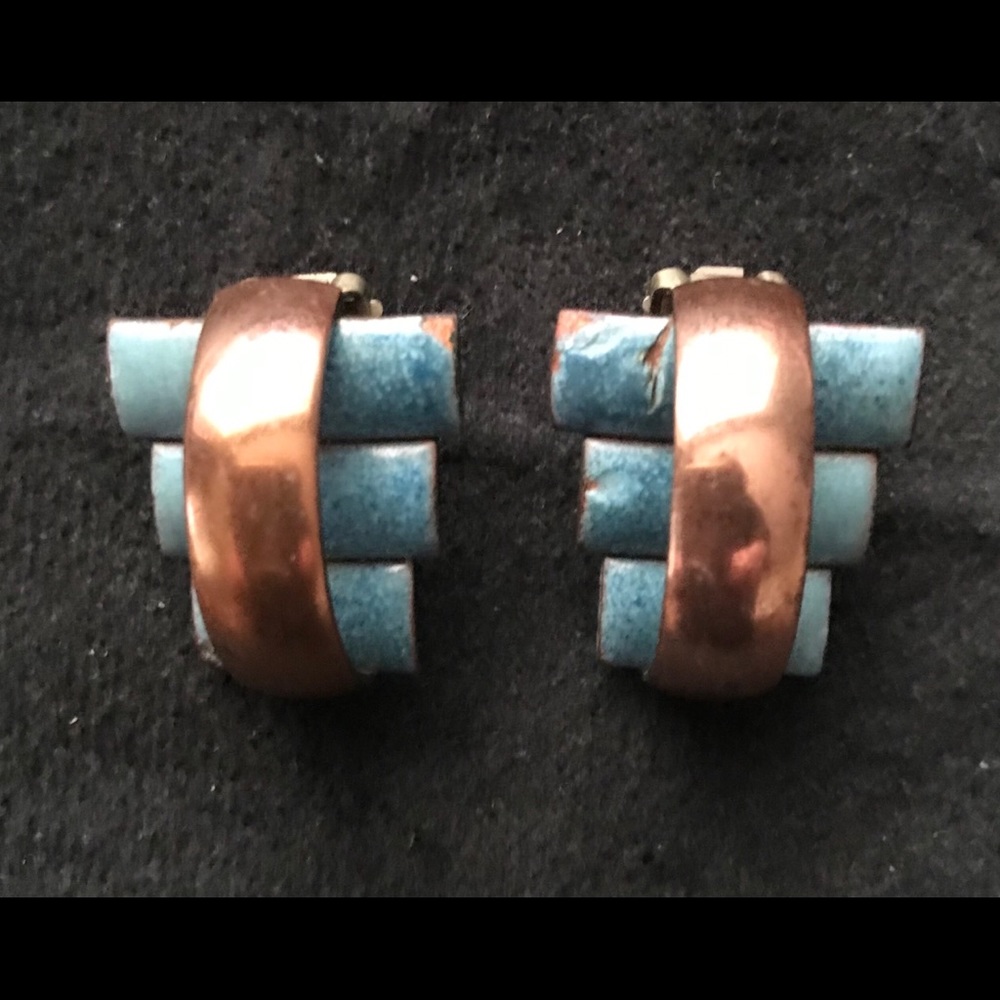 Vtg Matisse Renoir Art Deco Clip On Earrings Copper Enamel Turquoise Speckled
